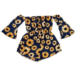 Romper Off the Shoulder Navy Yellow Sunflower Boho Flounce Bell Sleeve‎ Size XL